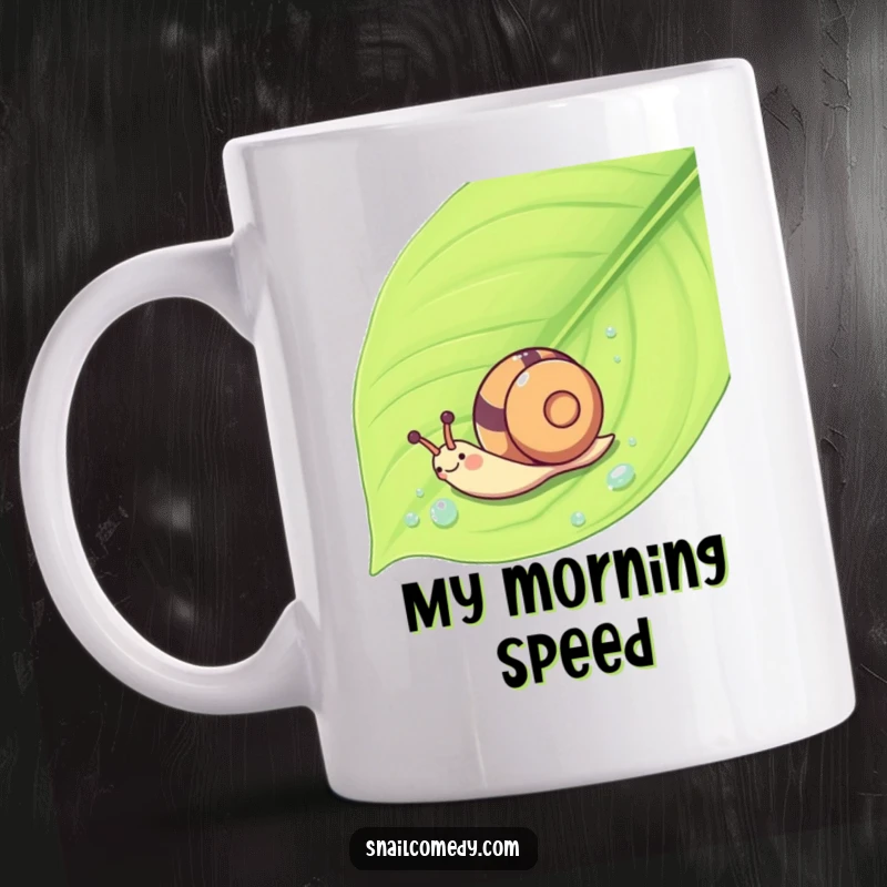 Funny Kawaii snail humorously sliding down a wet leaf with a joyful whoosh, perfect for a giggle.