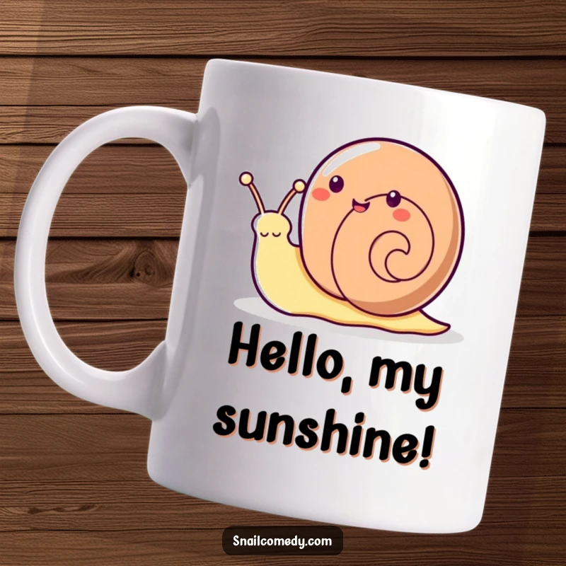 Funny Kawaii snail enthusiastically waving hello with its antennae, printed on a mug.