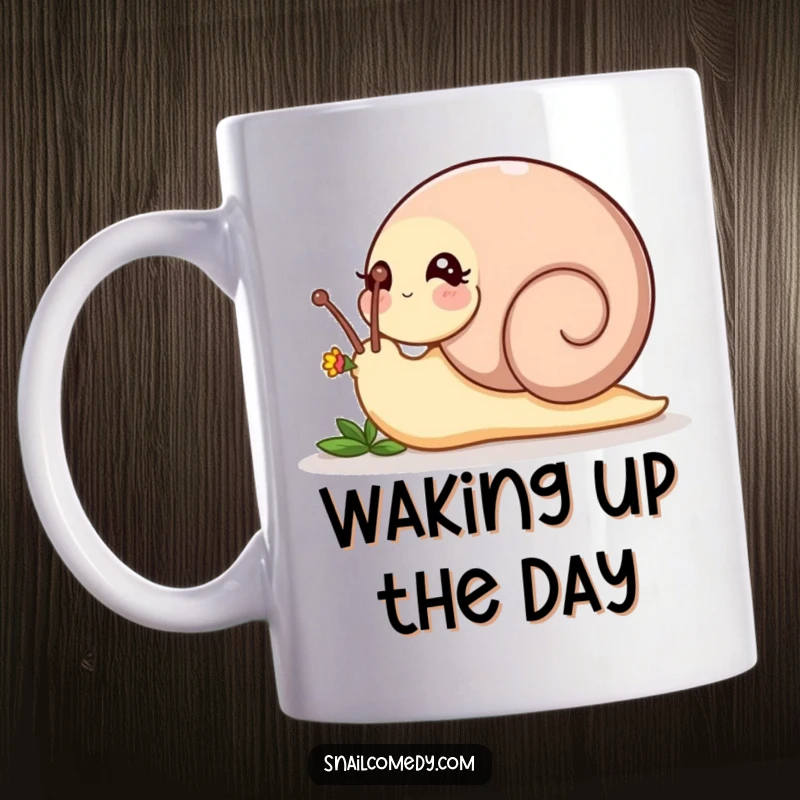 Funny playful snail nudging a tiny flower bud with its head on a ceramic mug, a sweet funny gift.