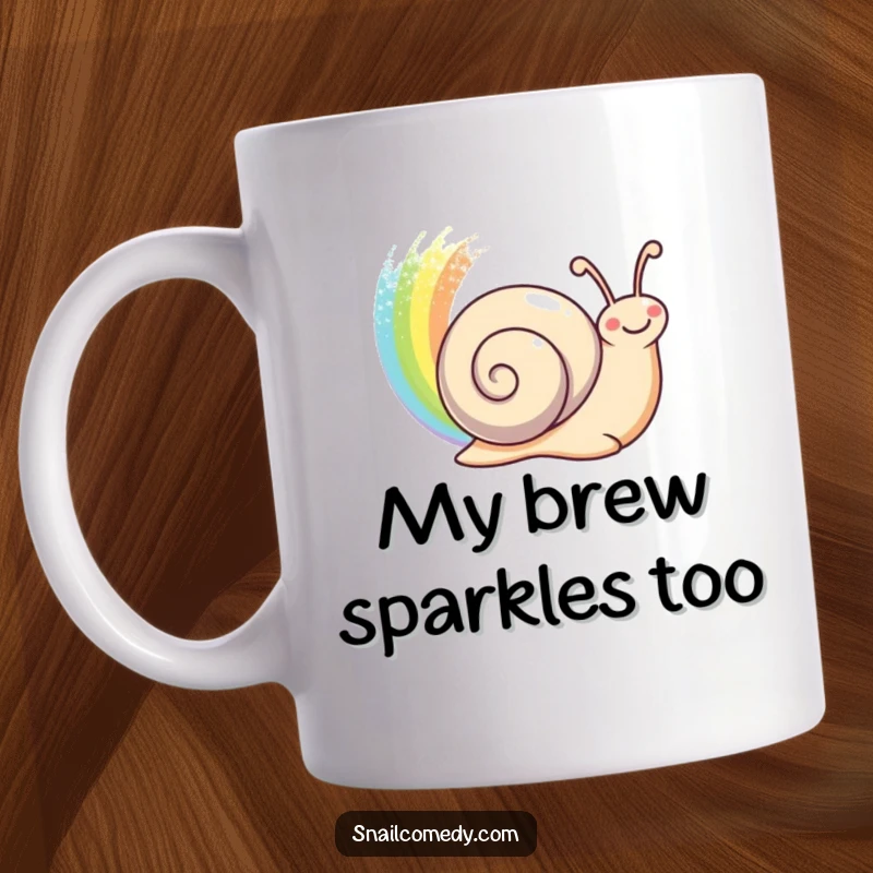Funny happy snail leaving a shimmering rainbow trail behind on a ceramic mug, a vibrant funny gift.