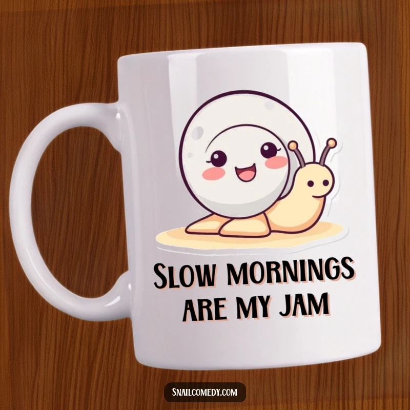 Funny smiling snail peeking its head out of its shell, radiating joy on a ceramic mug, ideal for a funny gift.