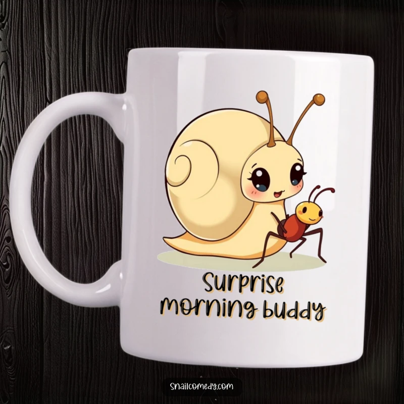 Funny mug with a wide-eyed snail character looking surprised by a friendly ant approaching, capturing a moment of unexpected connection.