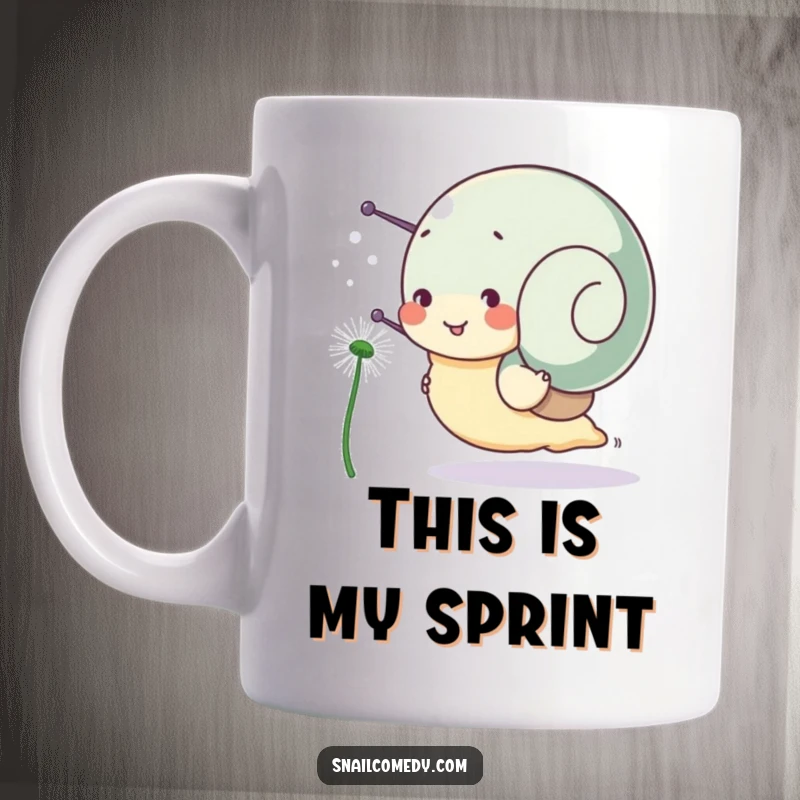 Funny snail mug, a snail character joyfully races a floating dandelion seed with enthusiasm and a big smile.