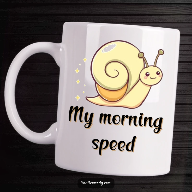 Funny Mug featuring a gleeful snail character joyfully sliding and leaving a vibrant, sparkly trail behind it.