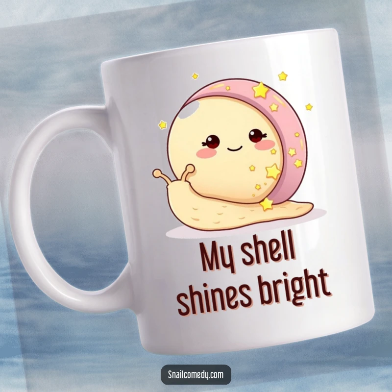Funny snail mug with a smiling snail adorning its shell with tiny, glowing stars, radiating magic and joy.