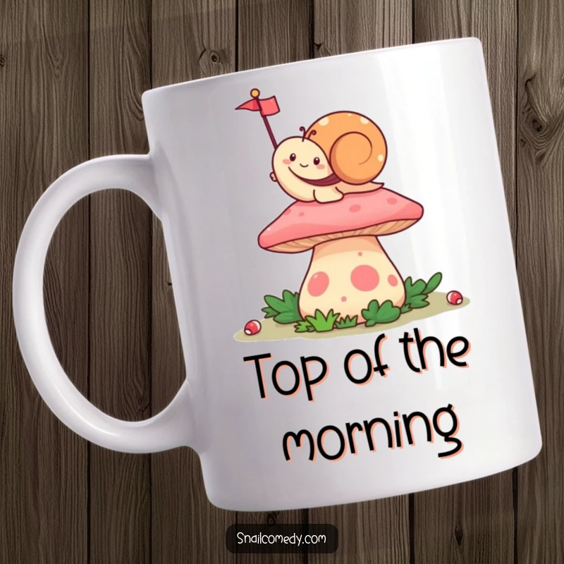 Funny Kawaii Snail Mug, happily waving a tiny flag from atop a colorful mushroom, bringing cheerful celebration and humor.