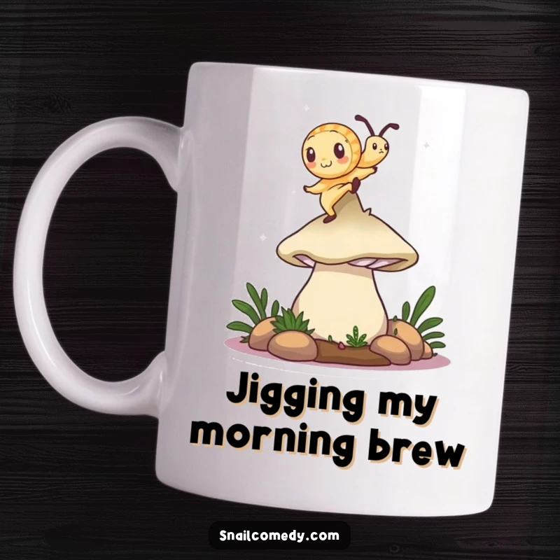 Funny snail mug featuring a snail joyfully dancing on top of a large, colorful mushroom cap, symbolizing carefree fun.