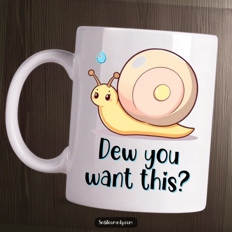 Funny kawaii snail with a shy smile, offering a glistening dewdrop, cute and heartwarming mug design.