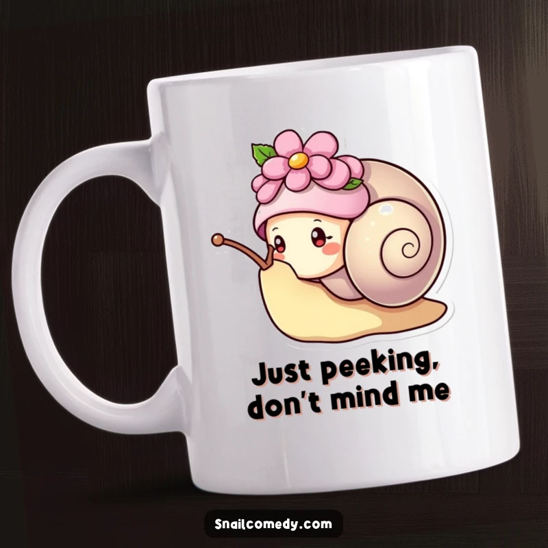 Funny kawaii snail wearing a flower hat, peeking curiously from its shell, cute and whimsical mug design.
