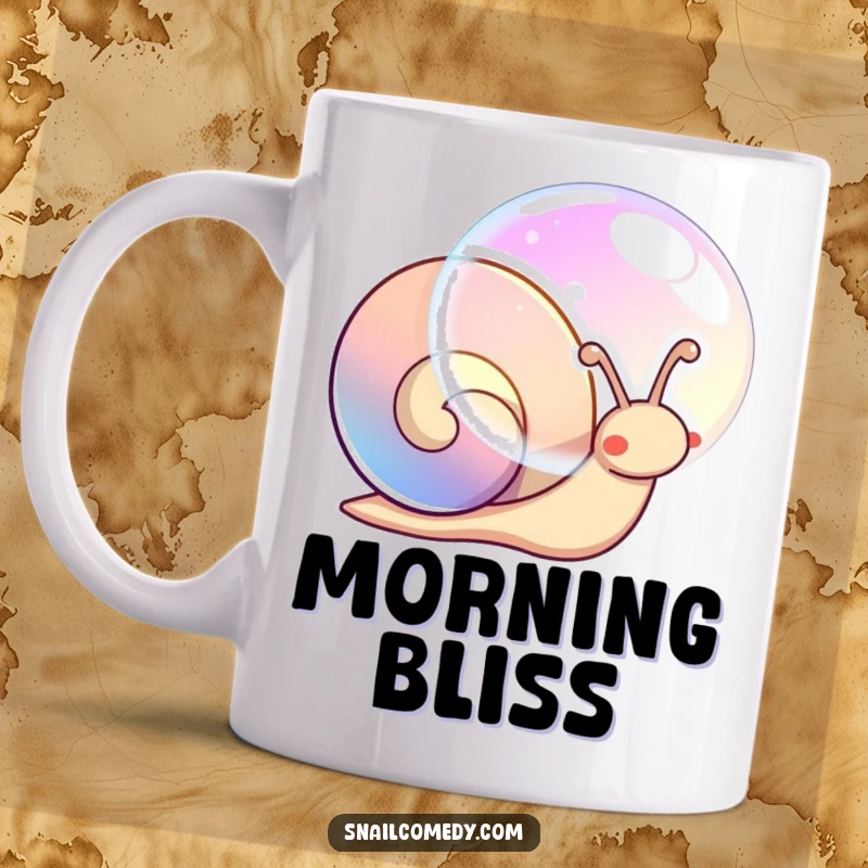 Funny kawaii snail mug, blowing a large, iridescent, shimmering bubble with a joyful expression.
