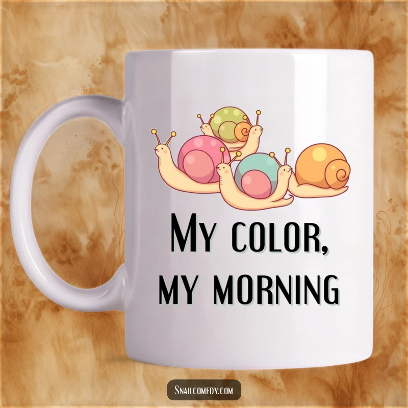 Funny mug showcasing a group of snails with colorful shells marching in a line, a cheerful parade.