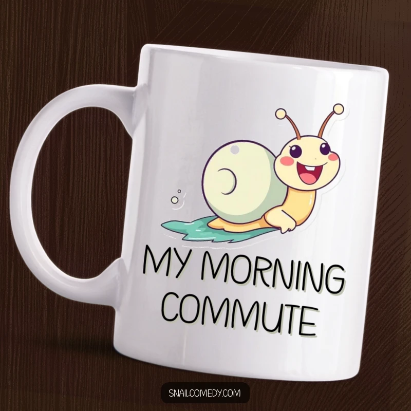 Funny Kawaii Snail Mug, zooming enthusiastically on its slime trail with a huge smile, bringing speedy joy and humor.
