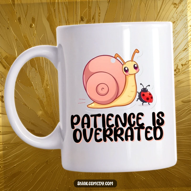 Funny mug with a determined snail character joyfully racing a tiny ladybug, showcasing speed and silliness.