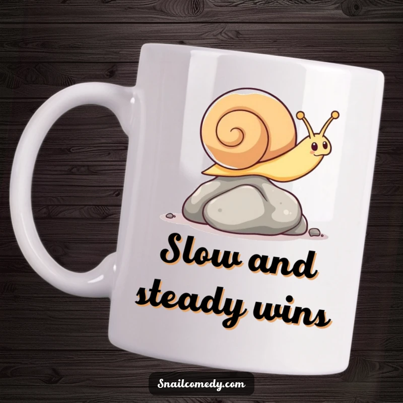 Funny kawaii snail mug, surprisingly leaping over a tiny pebble with impressive agility and a determined expression.