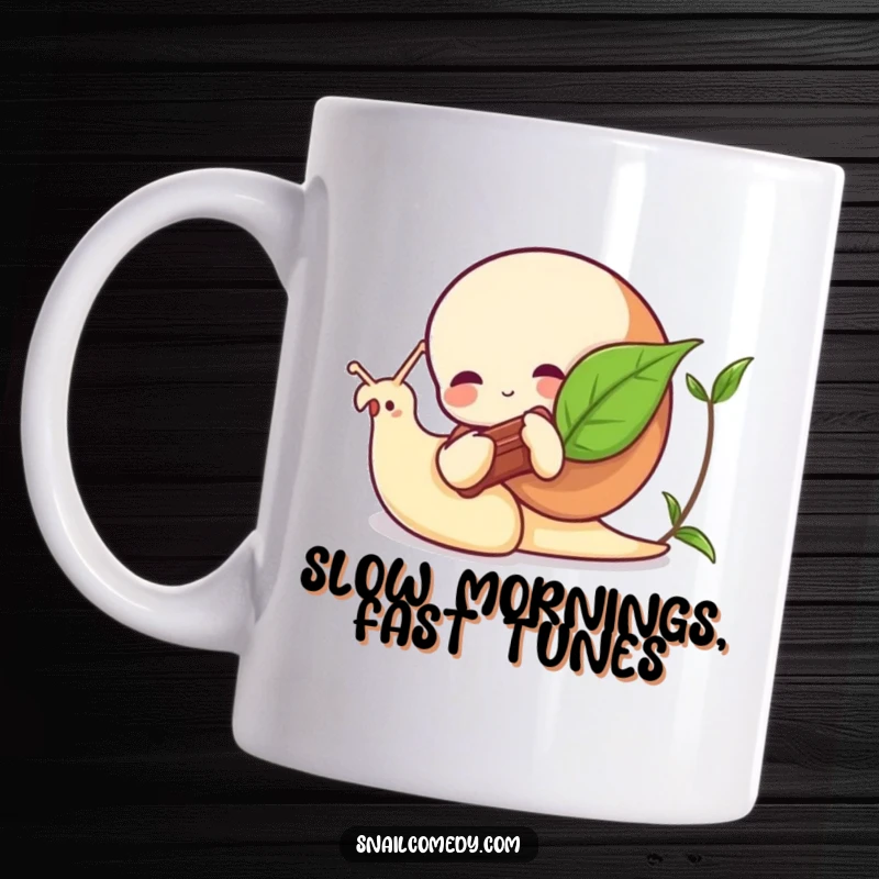 Funny snail mug featuring a charming snail playing a leaf like a tiny musical instrument, a peaceful and humorous scene.