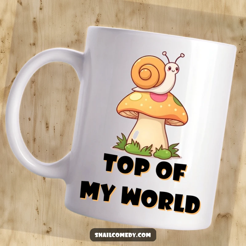 Funny Kawaii Snail Mug: Cute snail waving flag from mushroom top, cheerful and happy, ideal funny gift.