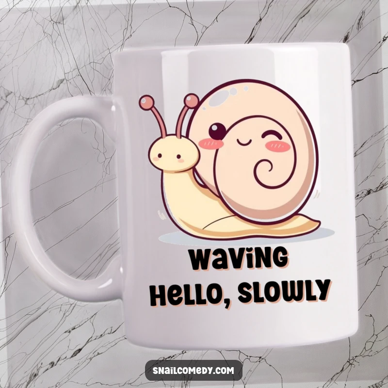 Funny kawaii snail mug with a playful snail waving its antennae energetically, expressing cheerful greetings and fun.
