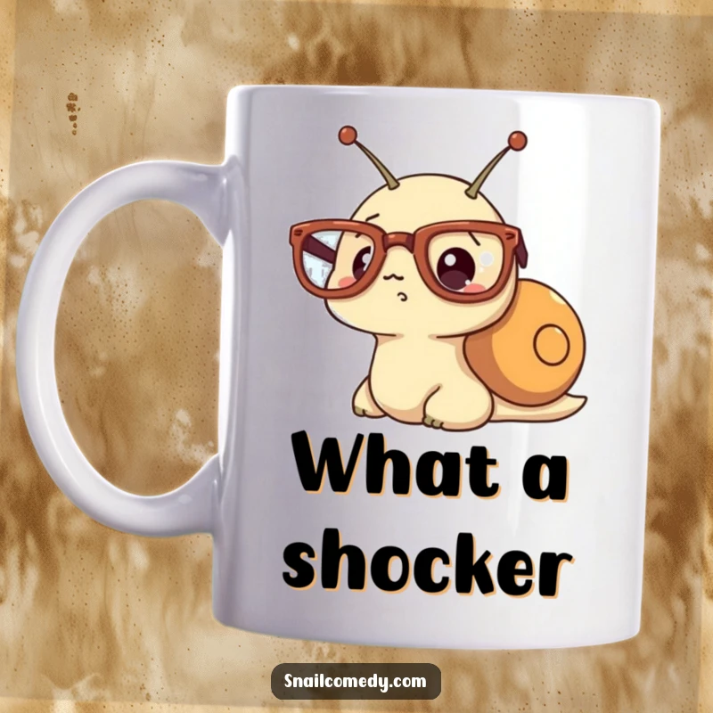 Funny kawaii snail mug, wearing oversized glasses and looking comically surprised, wide-eyed.