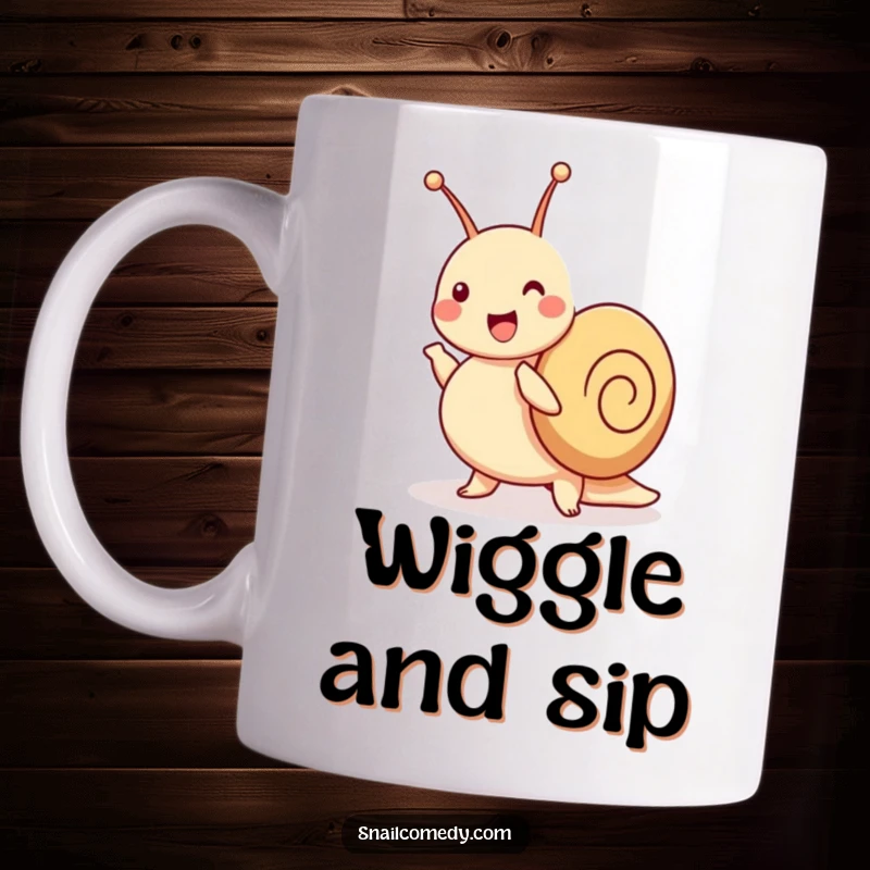 Funny snail mug featuring a joyful snail dancing a jig with its antennae wiggling energetically, full of life and humor.