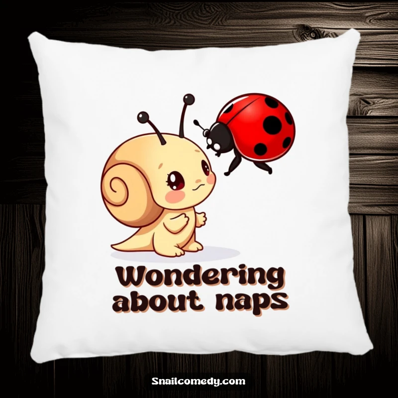 Funny pillow featuring a curious snail character examining a ladybug with wonder, offering comfort and a whimsical touch.