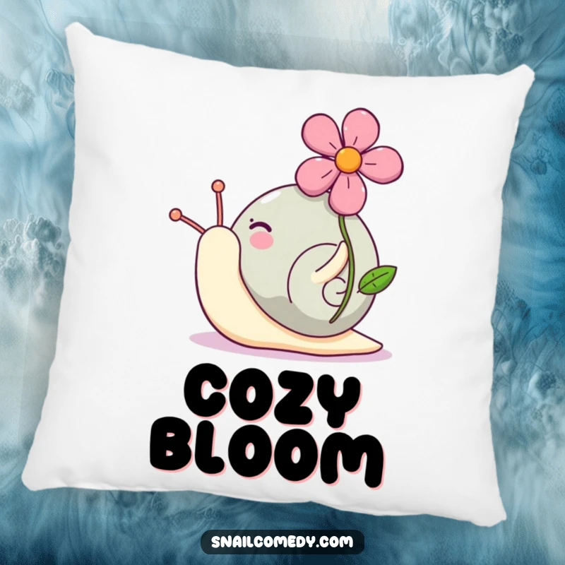 Funny Kawaii snail pillow featuring a cute snail carrying a bright flower on its shell with an expression of proud joy.