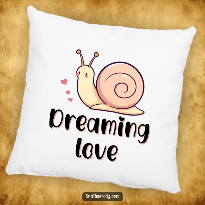 Funny Kawaii snail pillow featuring a cute snail leaving a trail of little hearts as it moves, designed for comfort and affection.