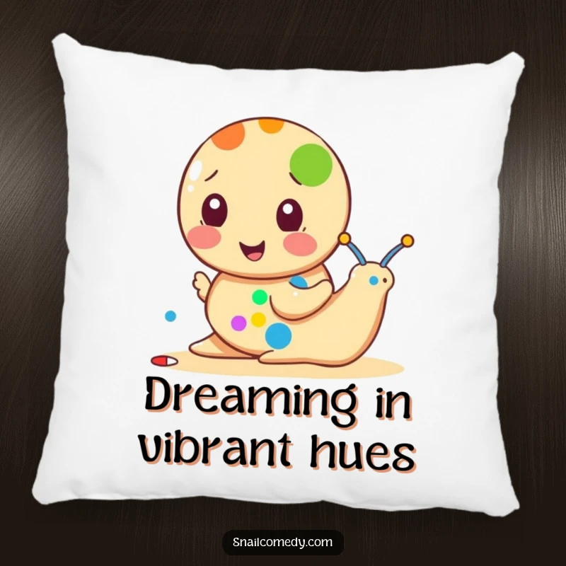 Funny snail pillow featuring a snail painting a colorful dot, a soft and humorous decorative item.