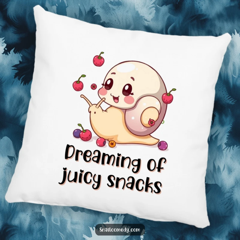 Funny snail pillow featuring a snail juggling berries with its eye stalks, a soft and humorous decorative item.
