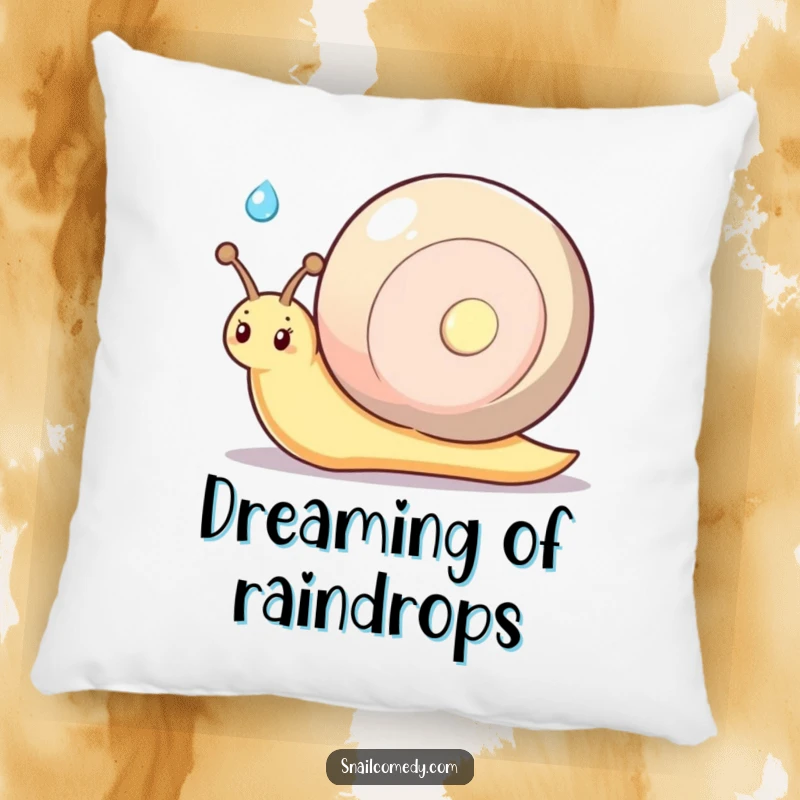 Funny kawaii snail with a shy smile, offering a glistening dewdrop, soft and humorous decorative pillow.
