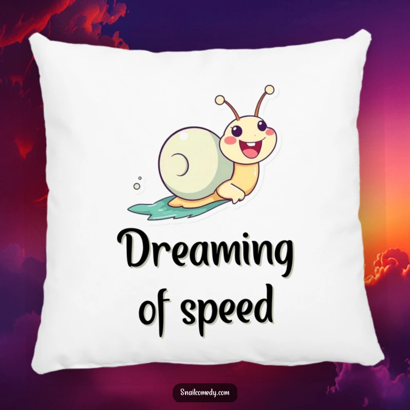 Funny Zooming Kawaii Snail Pillow, zooming with a huge smile and slime trail, providing soft, humorous comfort and cheerful vibes.