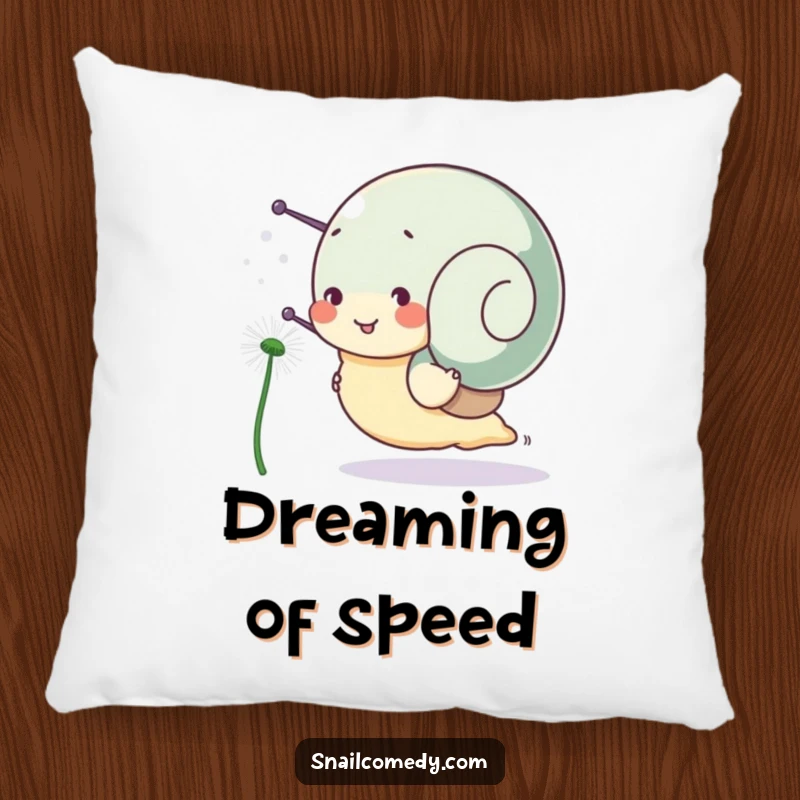 Funny snail pillow, a snail character happily races a dandelion seed, offering comfort and a touch of fun.