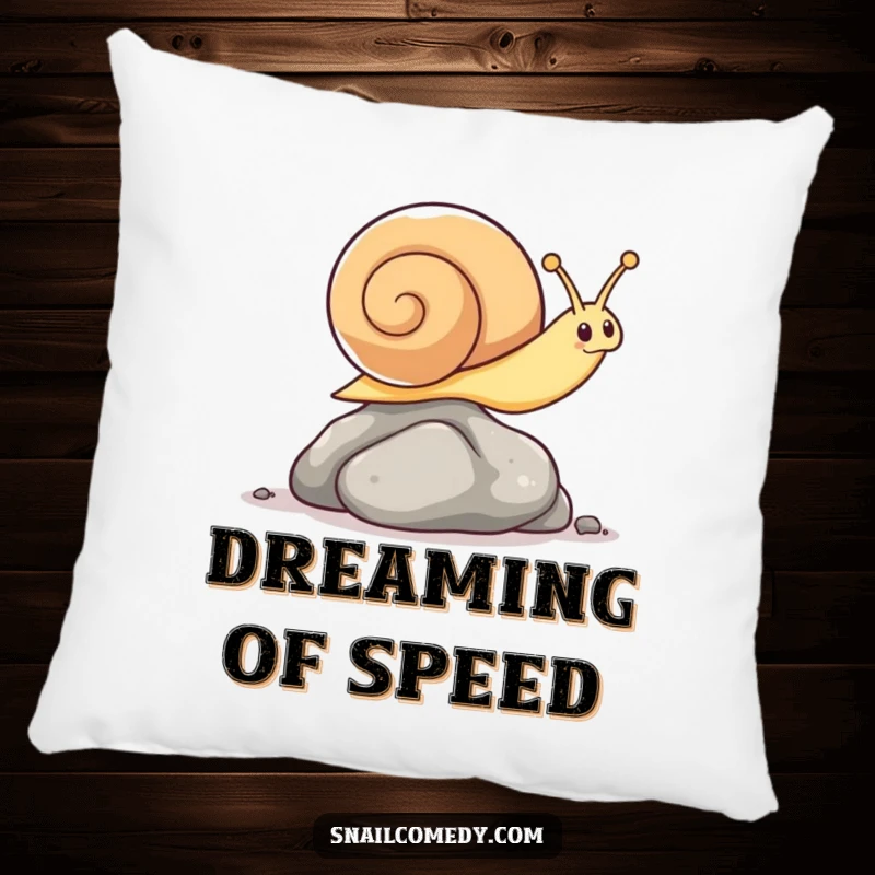 Funny decorative pillow featuring a kawaii snail in a surprisingly agile leap over a small pebble.