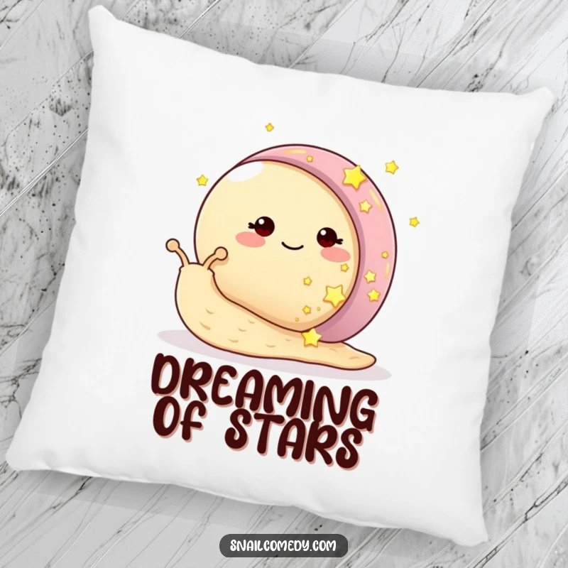 Funny snail pillow featuring a smiling snail with its shell adorned by glowing stars, offering comfort and cosmic flair.