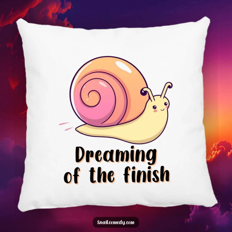 Funny kawaii snail pillow, a snail with a rainbow shell zooming across, bringing speed and color.