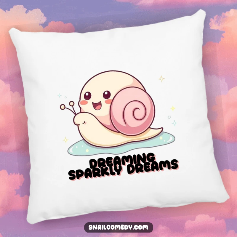 Funny kawaii snail pillow featuring a happy snail leaving a sparkling slime trail, offering comfort and cheerful decor.