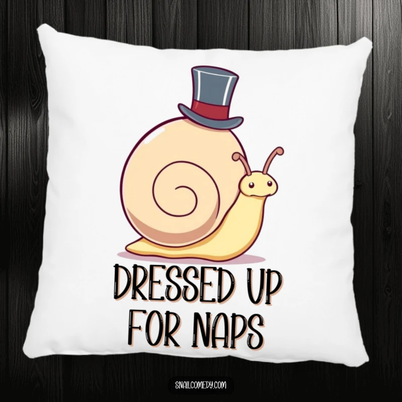 Funny Pillow: Kawaii snail wearing a top hat, peeking out, offering comfort and a touch of dapper snail humor.