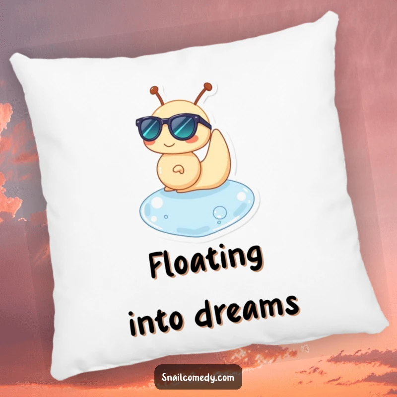 Funny pillow with a snail character in sunglasses, happily floating on a water drop, for cozy relaxation.