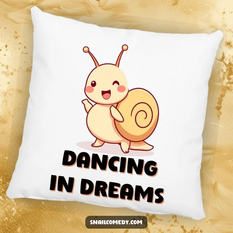 Funny snail pillow showing a joyful snail dancing a jig with wiggling antennae, perfect for cozying up.