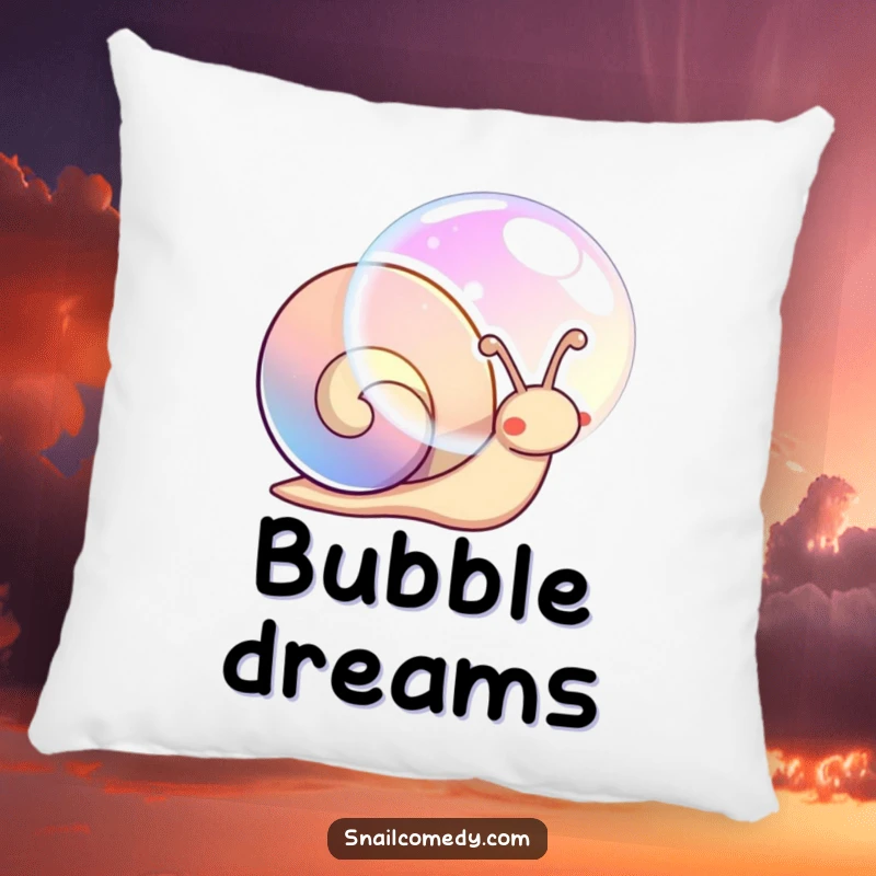 Funny decorative pillow featuring a kawaii snail blowing a large, iridescent bubble, perfect for dreaming.