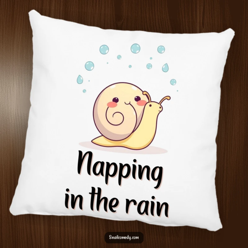 Funny kawaii snail pillow, a happy snail juggling raindrops, adding a cheerful touch.