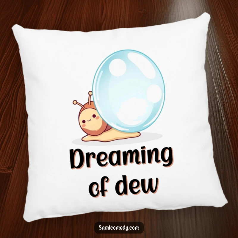 Funny Kawaii Snail Pillow, a cute snail gazing with wonder at a giant dewdrop, soft and decorative cushion.