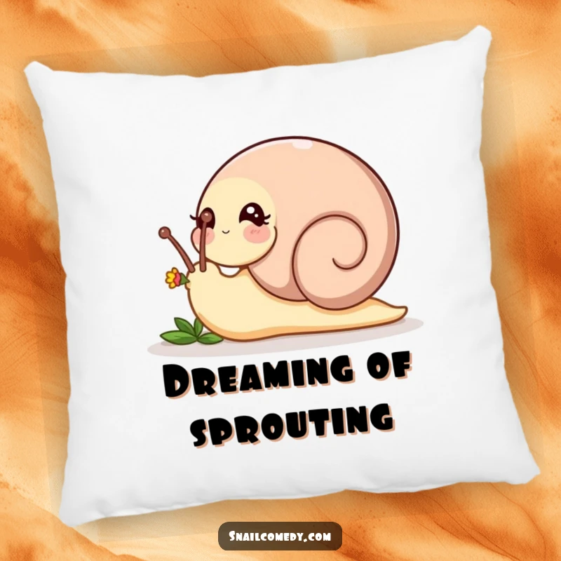 Funny playful snail nudging a tiny flower bud with its head on a soft pillow, a cozy funny gift.
