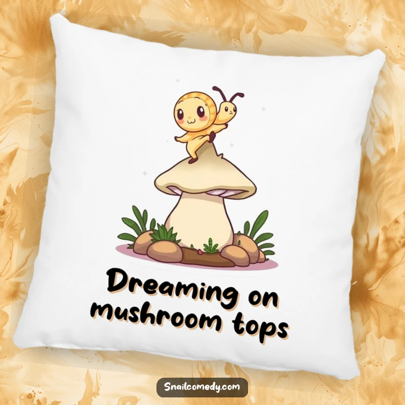 Funny snail pillow featuring a snail dancing on a mushroom cap, a soft and humorous decorative item.