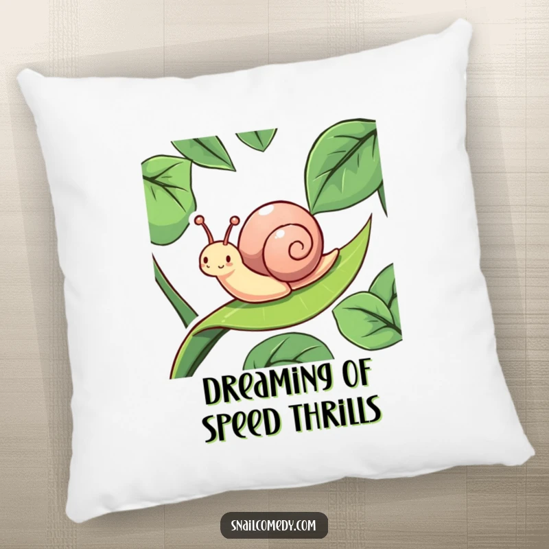 Funny, energetic snail character delighting in its slippery leaf slide, showcased on a soft pillow for humorous home decor.