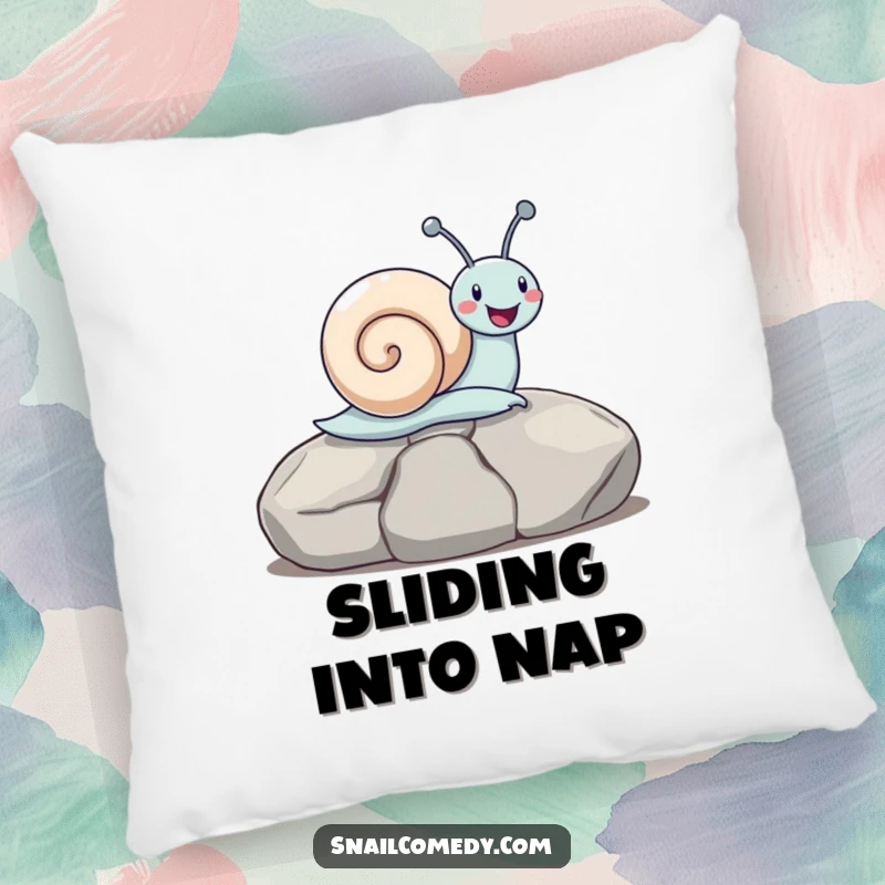 Soft pillow featuring a funny snail sliding down a stone with glee, adding humor and comfort, a lovely funny gift.