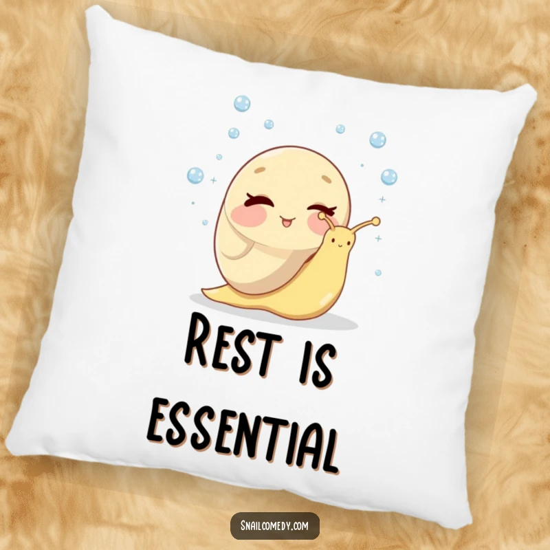 Funny pillow design with a cute snail winking while juggling tiny, sparkling dewdrops, offering a humorous and soft accent.