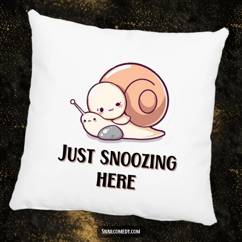 Funny pillow with a snail character playfully hiding behind a pebble, offering comfort and a hint of adorable mischief.