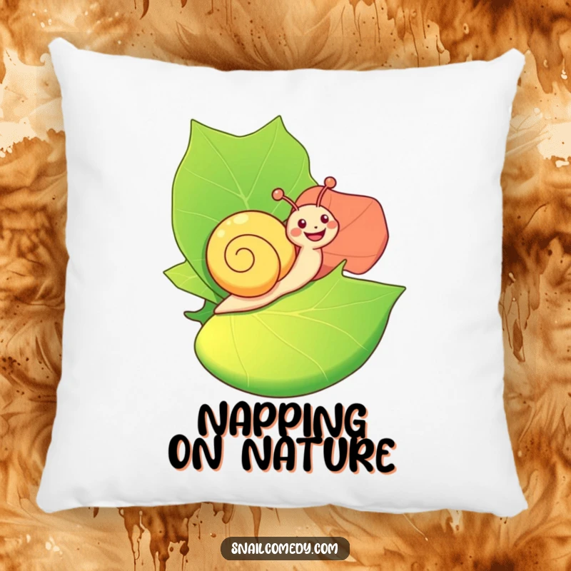 Funny Pillow: A happy snail joyfully rides on a large, colorful leaf, adding a touch of whimsical comfort to any space.