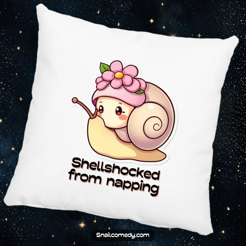 Funny kawaii snail wearing a flower hat, peeking curiously from its shell, soft and humorous decorative pillow.