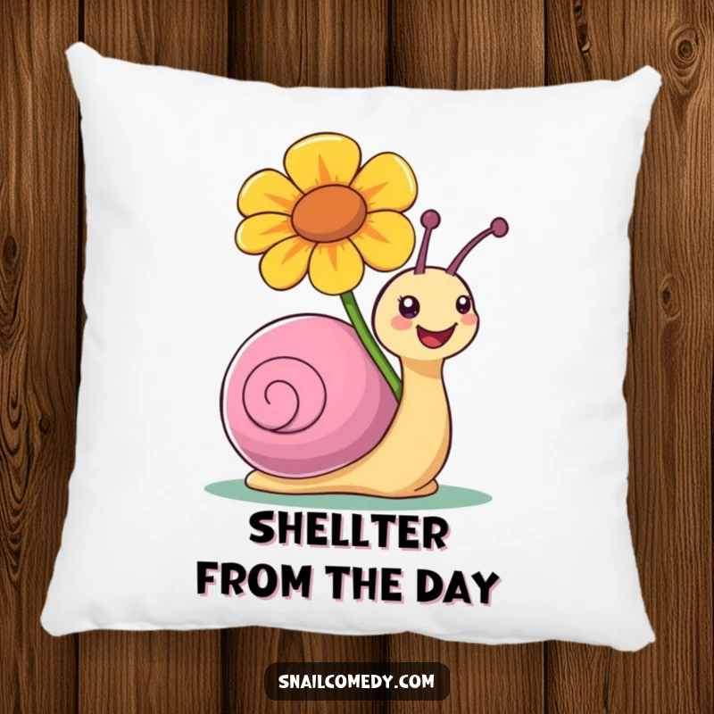 Funny pillow featuring a snail character joyfully carrying a large, colorful flower on its shell.